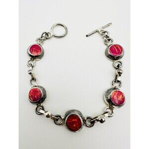 Vintage 925 Sterling silver Created pink Fire Opal Toggle bracelet 7”